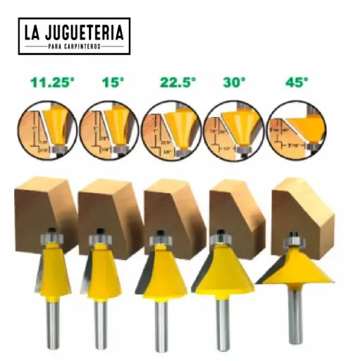 Set de Fresas Biseladoras 11.25° a 45° | Vástago 1/4" | 5 Ángulos para Chaflán y Bordes | Carburo para Madera Ref.P109