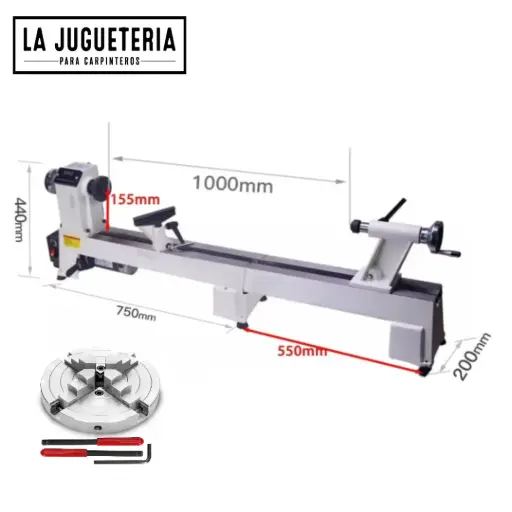 Torno para madera 550W tamaño de trabajo 30 cm x 95cm con cama de extensión y Chuck de garras de 6"