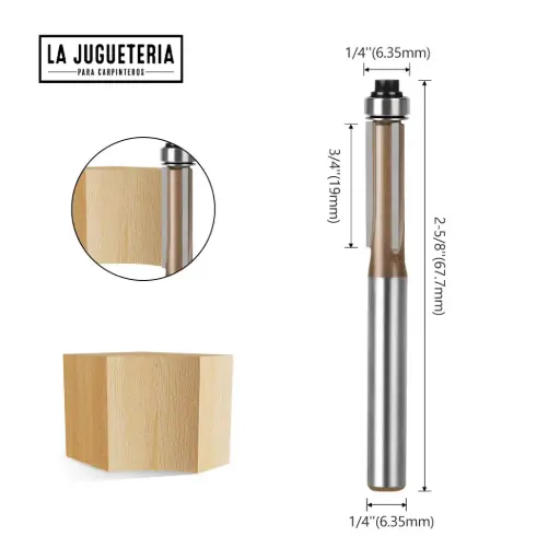 Fresa Recta copiadora con Rodamiento de 1/4" x 3/4" – Para Rebajes, Plantillas y Enrasados Ref:P118